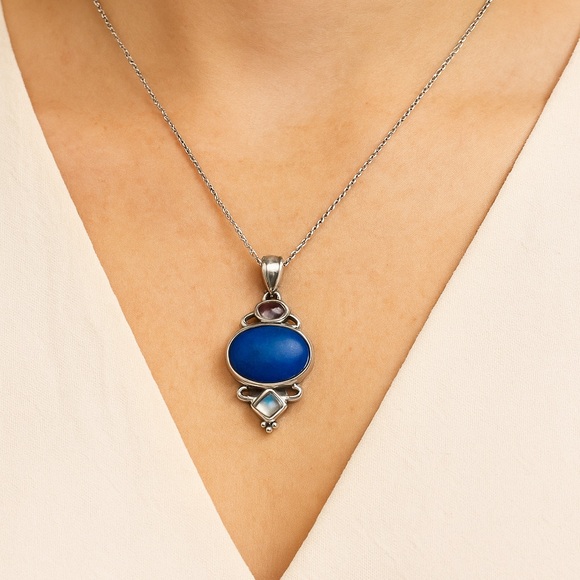 Jewelry - Sterling Silver 925 Multi-Gemstone Pendant – Lapis Lazuli, Amethyst & Moonstone
